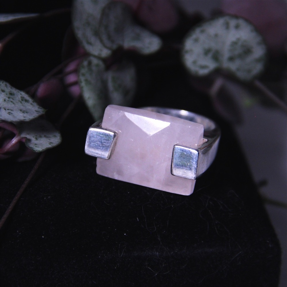 Sterling‎ Silver Rose Quartz Modernist Statement Ring Size 6.25 925 Pink Stone